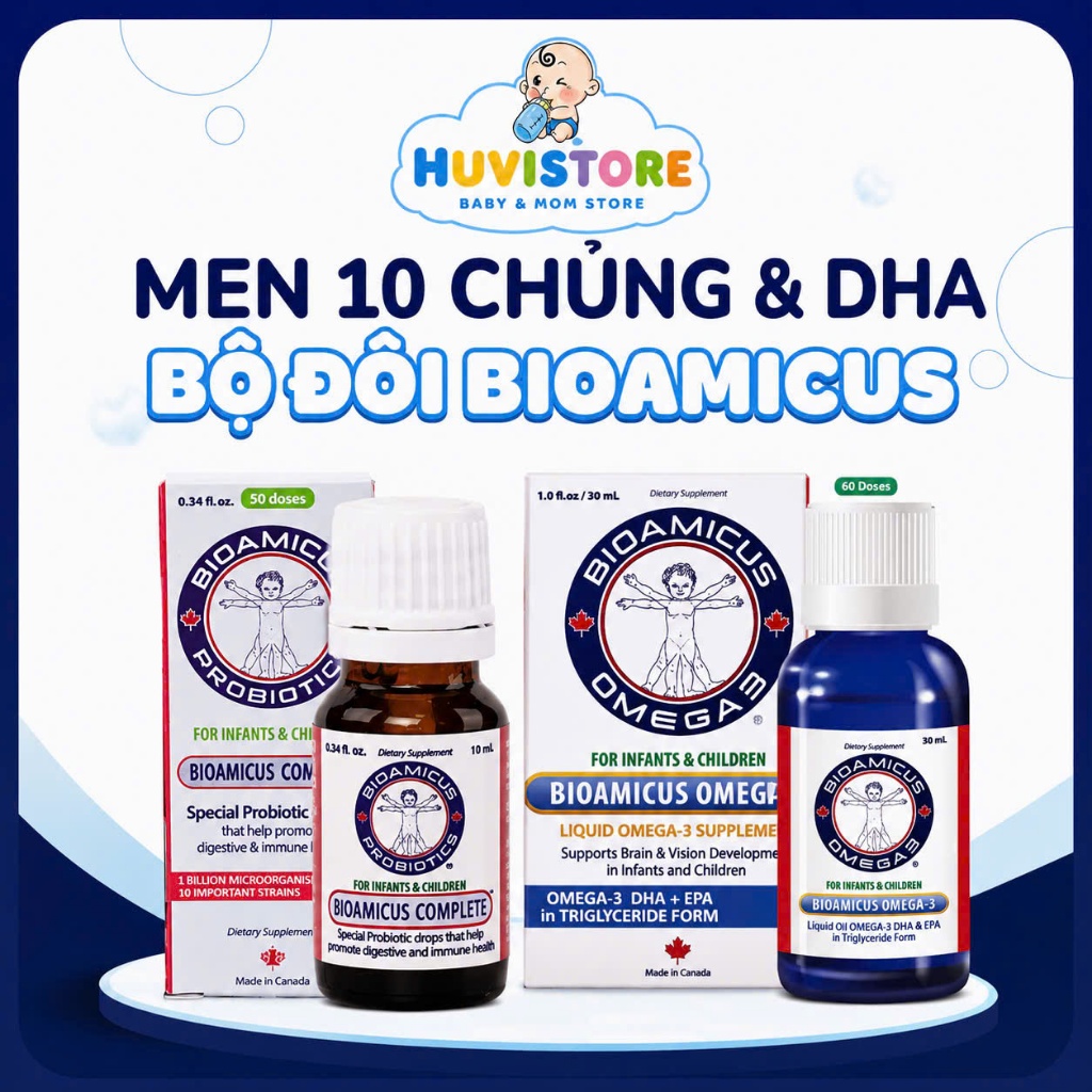 Bộ Đôi Men 10 Chủng & DHA Cho Bé - BioAmicus Complete 10 Chủng lọ 10mL & BioAmicus Omega-3 DHA lọ 30