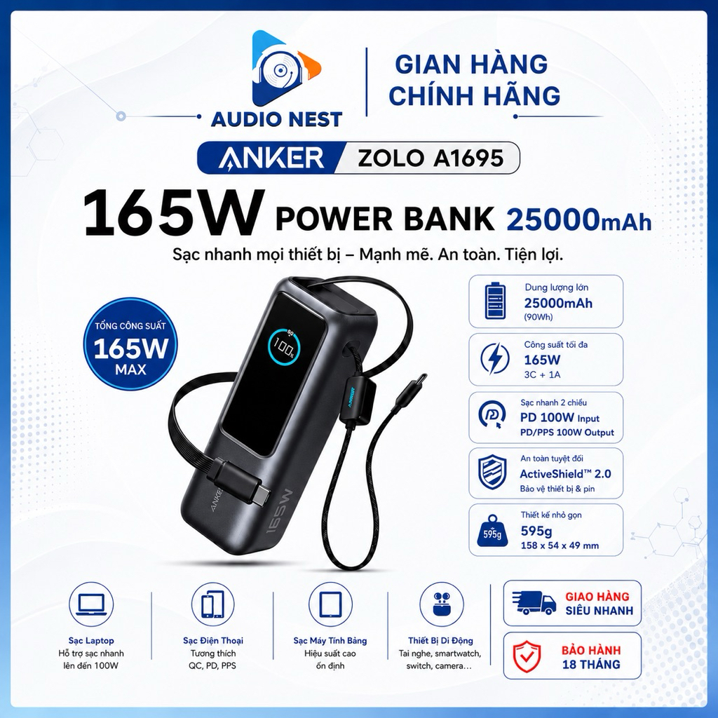 Sạc Dự Phòng Anker Zolo 25000mAh 165W Tích Hợp Cáp Rút Gọn A1695 - Bảo Hành 18 Tháng