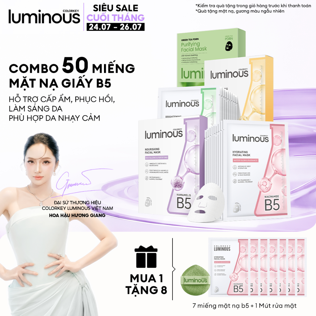 Combo 5 Hộp Mặt Nạ Giấy COLORKEY LUMINOUS Vitamin B5 Giúp Cấp Ẩm Cho Da Mịn Màng 10 miếng/hộp