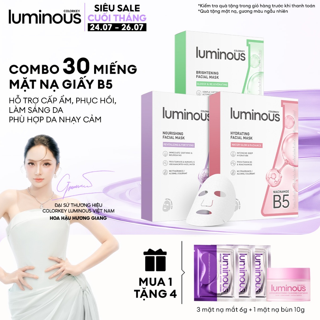 Mặt Nạ Giấy COLORKEY LUMINOUS | COMBO 3 HỘP| Tinh Chất Vitamin B5 Cấp Ẩm Cho Da Mịn Màng 25ml x 30 m