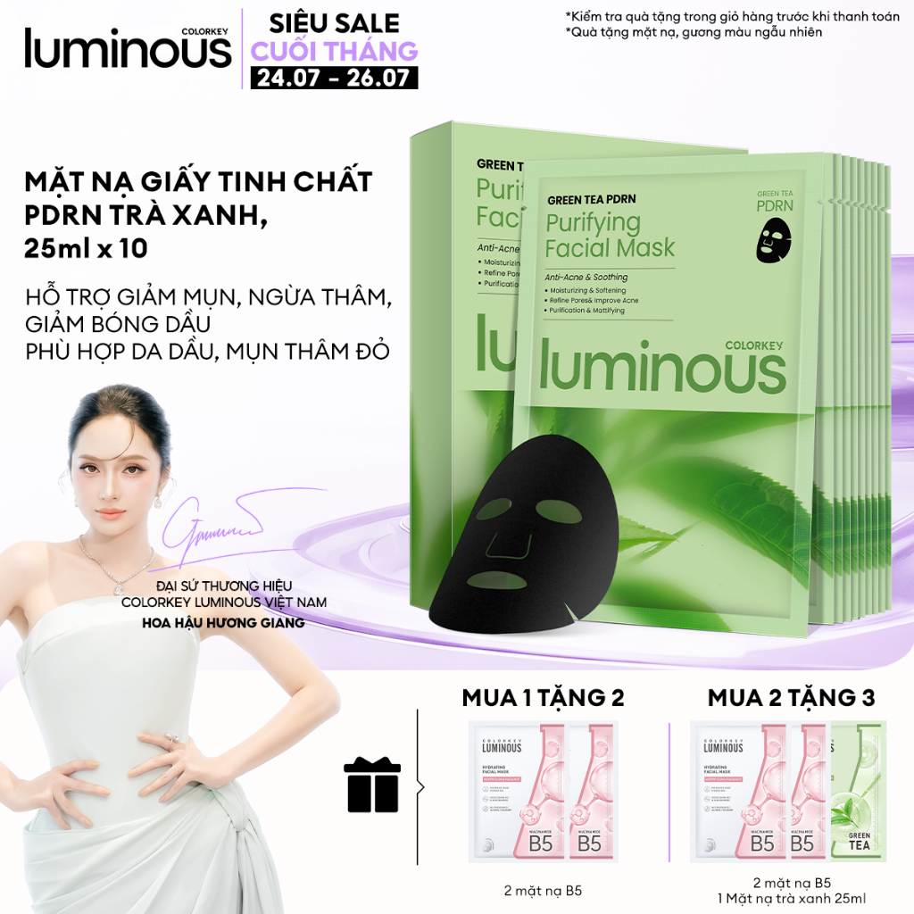 Miếng Mặt nạ giấy  PDRN Trà xanh| COLORKEY LUMINOUS| Phù hợp da dầu, hỗn hợp thiên dầu| Làm dịu da, 