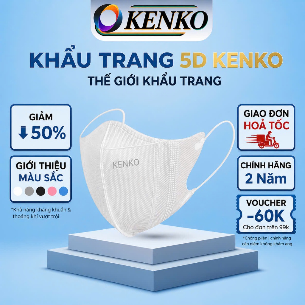 SHIP HCM HOẢ TỐC 2H]Khẩu trang 5D KENKO kháng khuẩn, khẩu trang KENKO 5D màu trắng dành cho người lớ