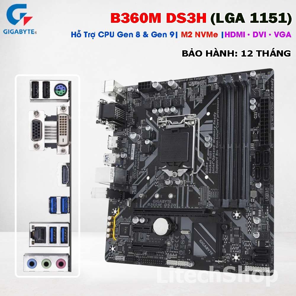Main Giga B360M DS3H Socket 1151 DDR4 M.2 NVMe USB 3.1 HDMI Hỗ Trợ Intel i3 i5 i7 i9 Gen 8 Gen 9| Bả
