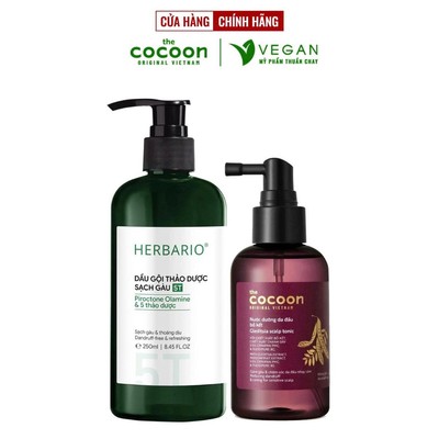 Combo Dầu gội thảo dược sạch gàu 5T Herbario 250ml + Nước dưỡng da đầu bồ kết giảm gàu Cocoon 140ml