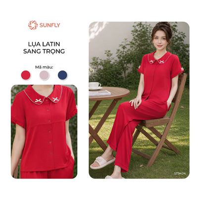 Bộ pijama nữ SUNFLY lụa latin mềm mịn màu áo cộc quần dài ST9424