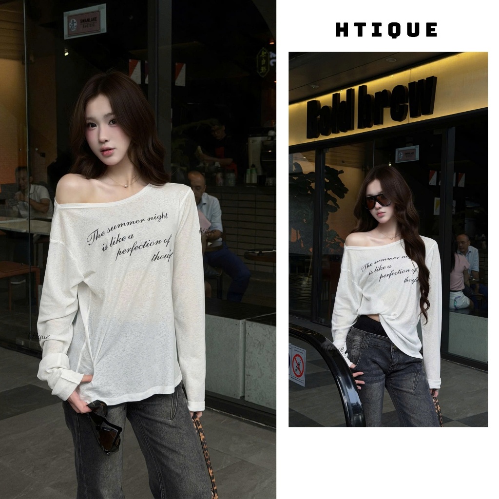 HTIQUE - DEAL Áo Phông Giấy Nữ Tay Dài In Chữ Form oversize, Áo phông giấy…