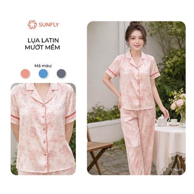 Bộ pijama mặc nhà nữ SUNFLYlụa latin in ht áo cộc quần dài ST9427