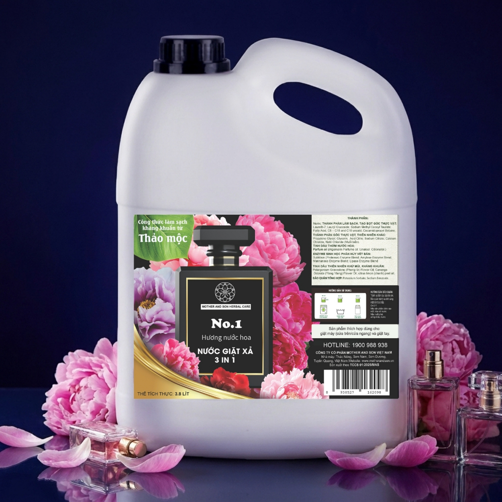 Nước Giặt Xả 3in1 Mother & Son Hương Nước Hoa No1 can 3.8 lít Thảo Mộc Enzyme Sạch Sâu, Lưu Hương An