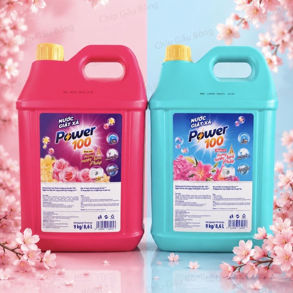 Nước Giặt Xả Power 100 can 9KG | 3.4KG Xanh quyến rũ, Đỏ đam mê hương nước hoa Pháp