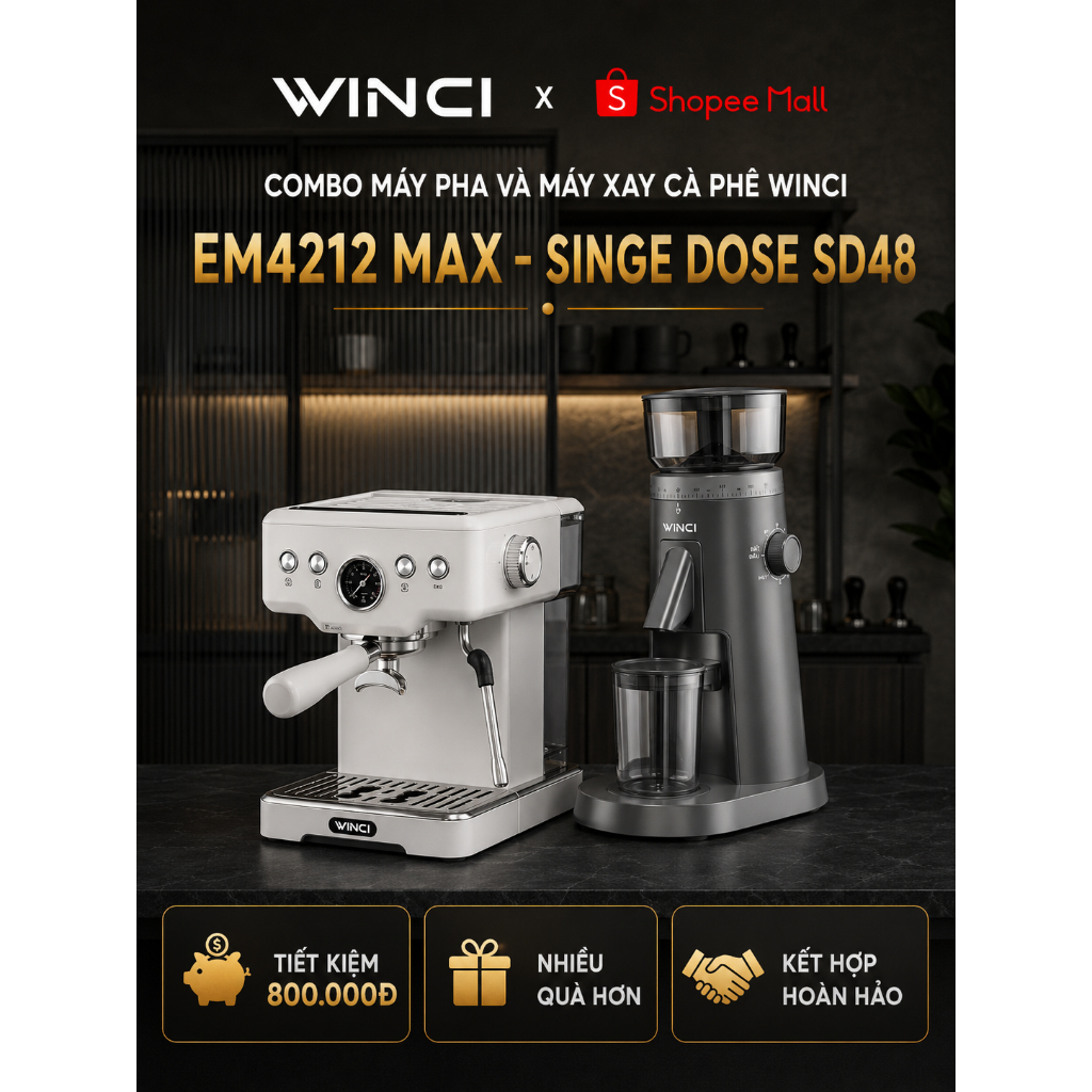 [Bao Gồm VAT] COMBO Máy pha cà phê Espresso Winci EM4212 MAX & Single Dose SD48, Quà tặng hấp dẫn, b