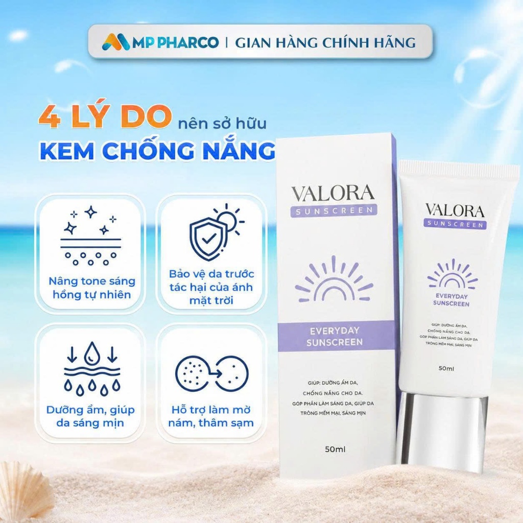 Kem Chống Nắng Nâng Tông Dưỡng Da Cho Mặt Valora Suncreen Chăm sóc Da Nữ ,tuýp 50ML (N25)
