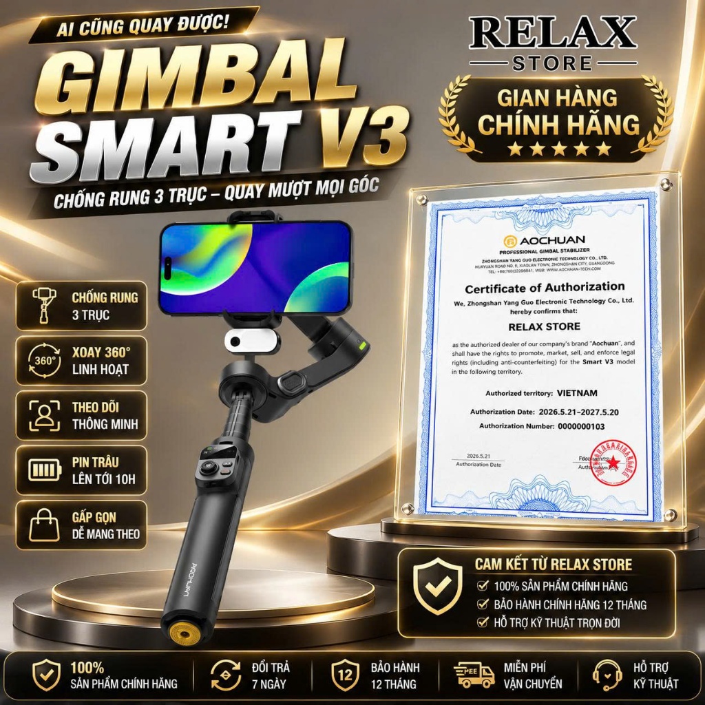 Gimbal Smart V3 - Gymbal điện thoại chống rung hỗ trợ Livestream, chụp ảnh chuyên nghiệp xoay 360 độ