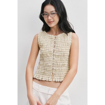 LIBÉ WORKSHOP - Áo kiểu chạy chỉ thun hoạ tiết caro vàng 7747