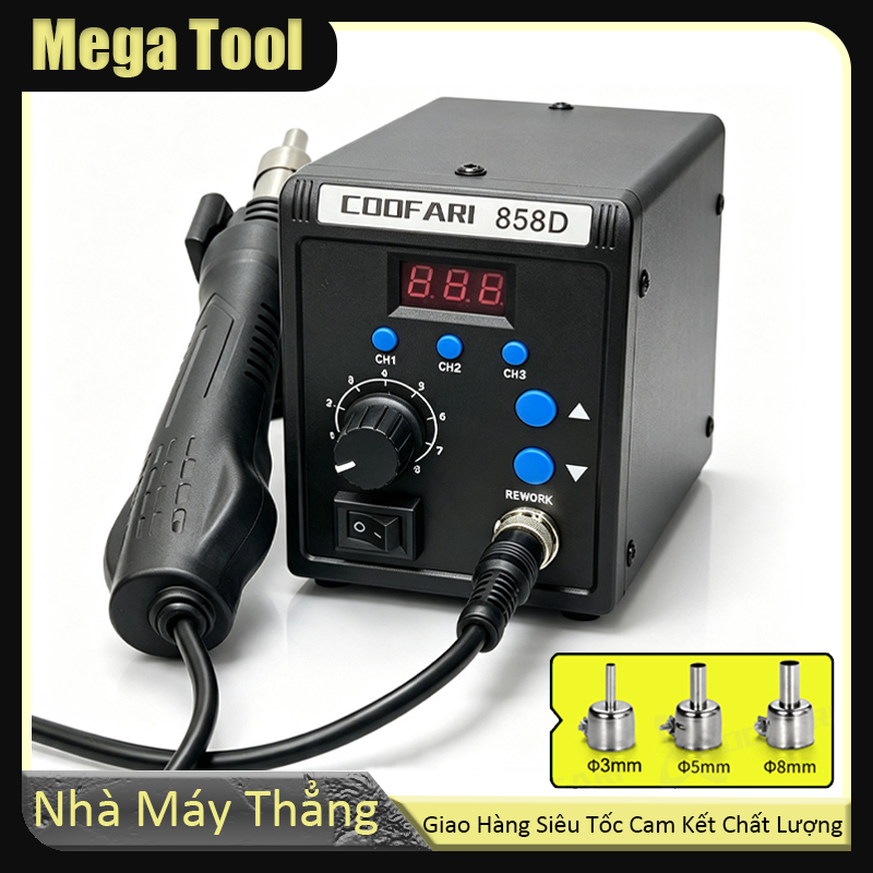 Máy Khò Hơi Nóng 858D/858D+ 750W - Điều Chỉnh Nhiệt 100-500°C | Súng Hàn SMD/BGA Chuyên Dụng