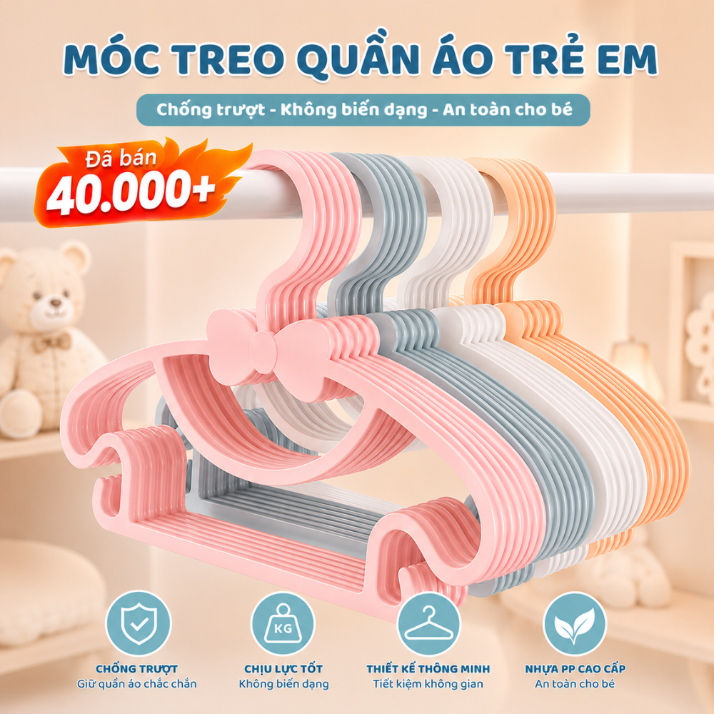 Combo 40 móc quần áo trẻ em thiết kế hình nơ dễ thương , Móc phơi đồ trẻ sơ sinh chất liệu nhựa PP an toàn cho bé
