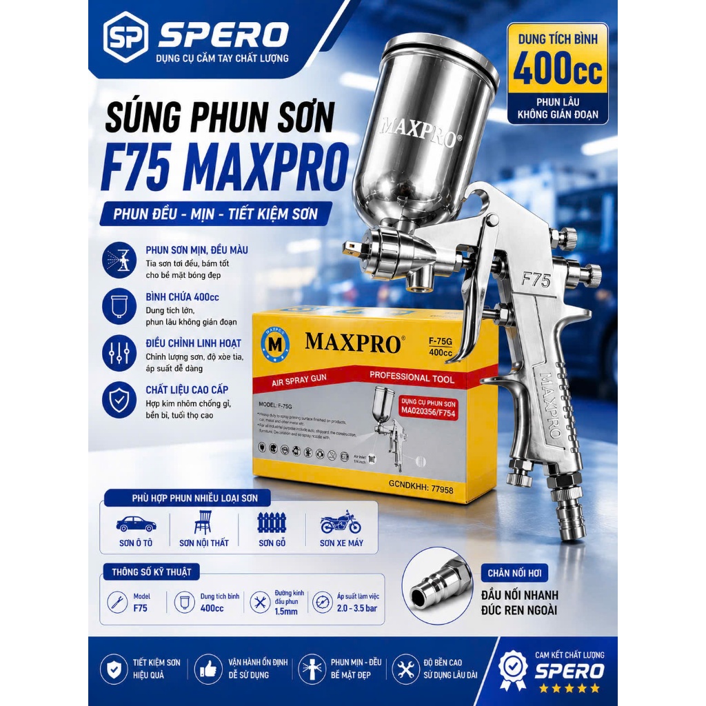 Súng Phun Sơn F75 MAXPRO Bình Trên 400CC, Béc 1.5mm Phun Sơn Mịn Đều Dễ Điều Chỉnh