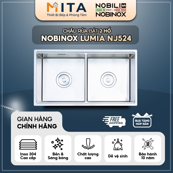 Nobinox Chậu rửa bát 2 hố Lumia NJ524 Chất liệu Inox 304 cao cấp