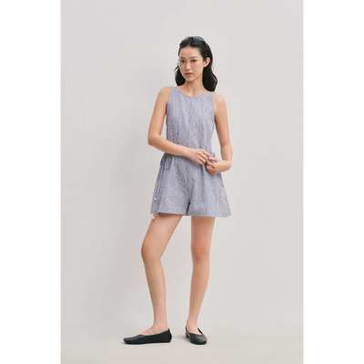 LIBÉ WORKSHOP - Bộ liền quần jumpsuit ngắn thắt dây ngang eo hoạ tiết sọc xanh 7164