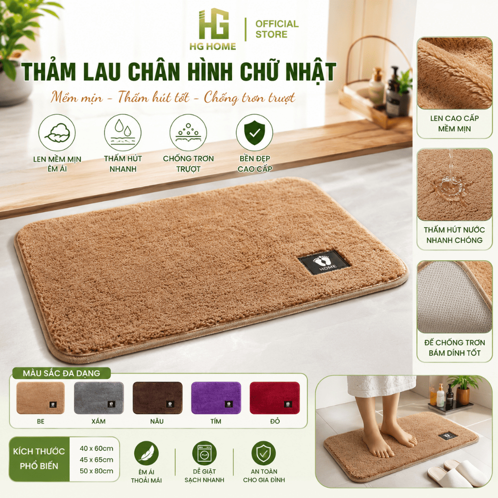Thảm lau chân HGHOME hình chữ nhật chất liệu len mềm mịn dày dặn chống trơn trượt [ Hàng Cao Cấp ]