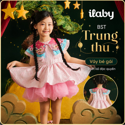 Váy trung thu bé gái ILABY dáng xòe thêu hoa cách tân công chúa CẨM NGUYỆT [3573]