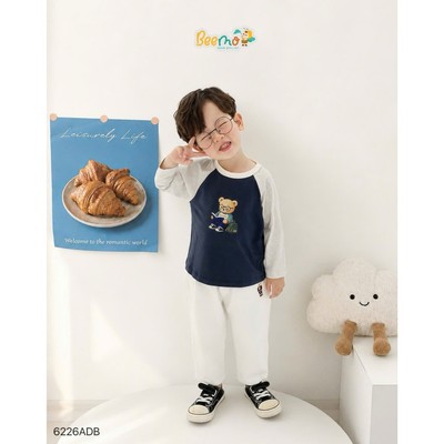 Áo thun raglan dài tay Beemo in hình gấu vải cotton 4C co giãn cho bé đi học, đi chơi từ 9-24kg 6226ADB