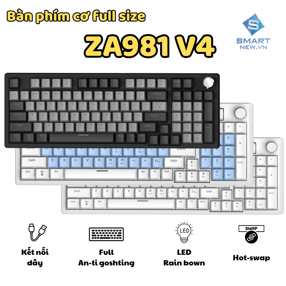 Bàn phím cơ Gaming ZA981 V4 - Núm kim loại - Full Anti-ghosting - Led RainBown - Red swtich