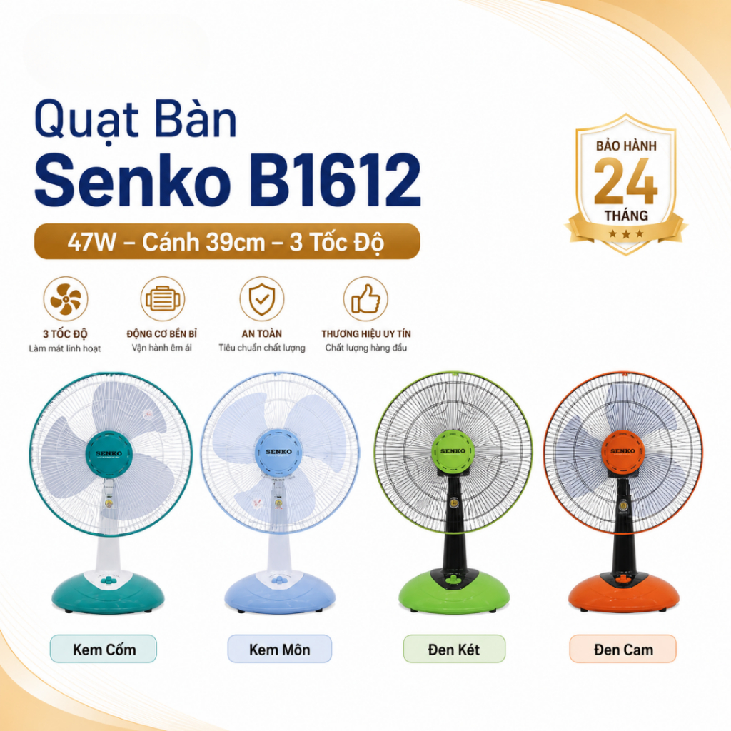 Quạt Bàn Senko B1612 47W – Cánh 39cm – 3 Tốc Độ