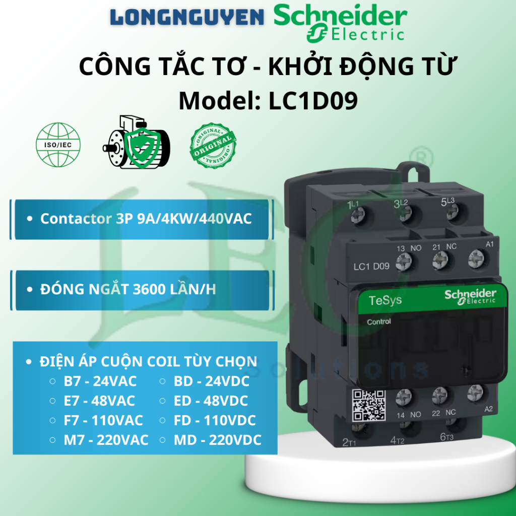 Khởi Động Từ Schneider LC1D09BD 3P9A 1NO 1NC 24VDC Schneider chính hãng