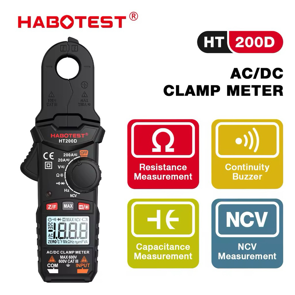 Máy đo kẹp DC kỹ thuật số HABOTEST HT200D 2000 Đếm True RMS NCV 600V Điện áp 200A DC / AC