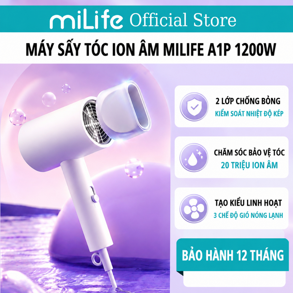 Máy sấy tóc miLife A1P sấy nóng lạnh 3 mức nhiệt, ánh sáng xanh, ion âm