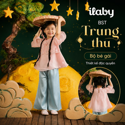 Bộ đồ trung thu bé gái ILABY set pháp phục bé gái áo hồng thêu hoa phối quần xanh sang trọng [3574]