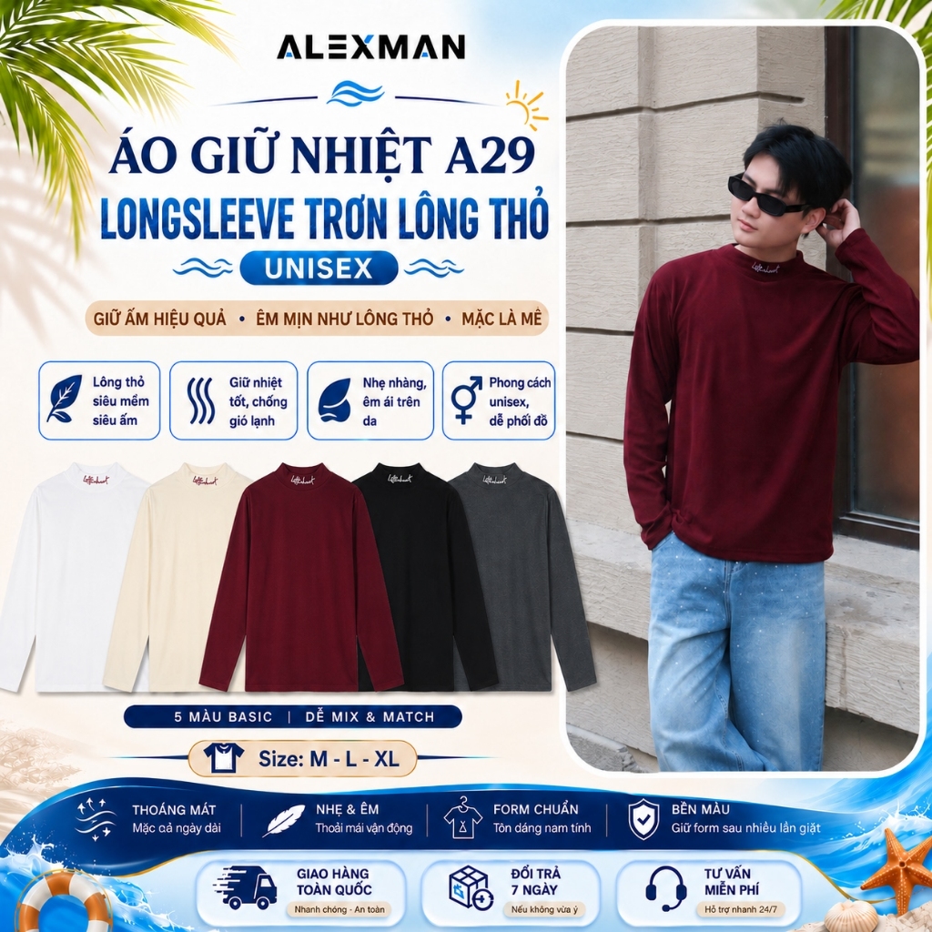 Áo Giữ Nhiệt A29 Longsleeve Trơn Lông Thỏ 2 Mặt Nam Nữ - ALEXMAN