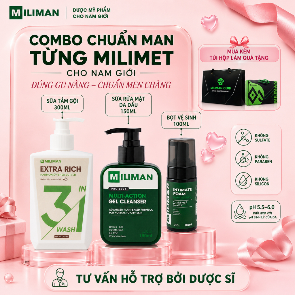 Quà Tặng Nam Box Chuẩn Man MILIMAN Gồm Sữa Tắm Gội Extra Rich, Sữa Rửa Mặt, Bọt Vệ Sinh Nam