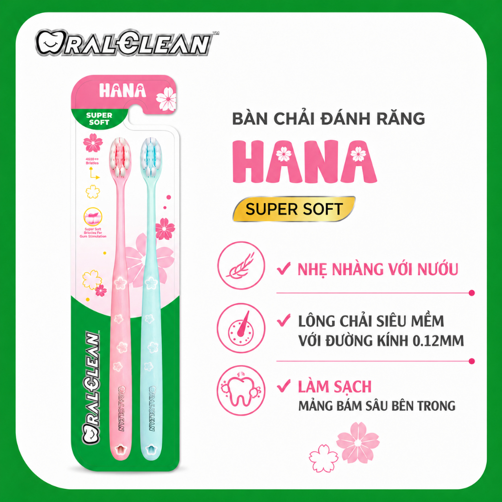 Combo 2 Bàn Chải Đánh Răng Oralclean Hana Super Soft Siêu Mềm Phù Hợp Cho Nướu Nhạy Cảm