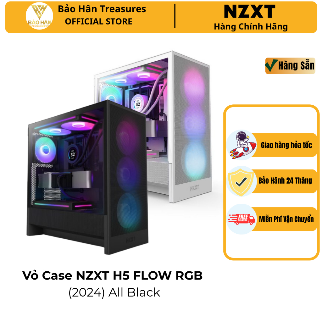 Vỏ máy tính NZXT H5 Flow RGB All Black/ White V2 (Mid Tower/Màu Đen) - Hàng Chính Hãng