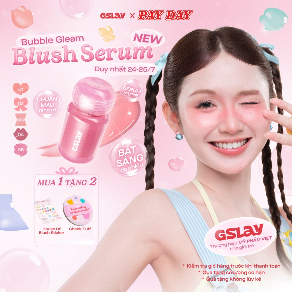 Má hồng kem dạng lỏng GSLAY Bubble Gleam Blush Serum căng bóng bắt sáng, mỏng nhẹ, lâu trôi thuần ch