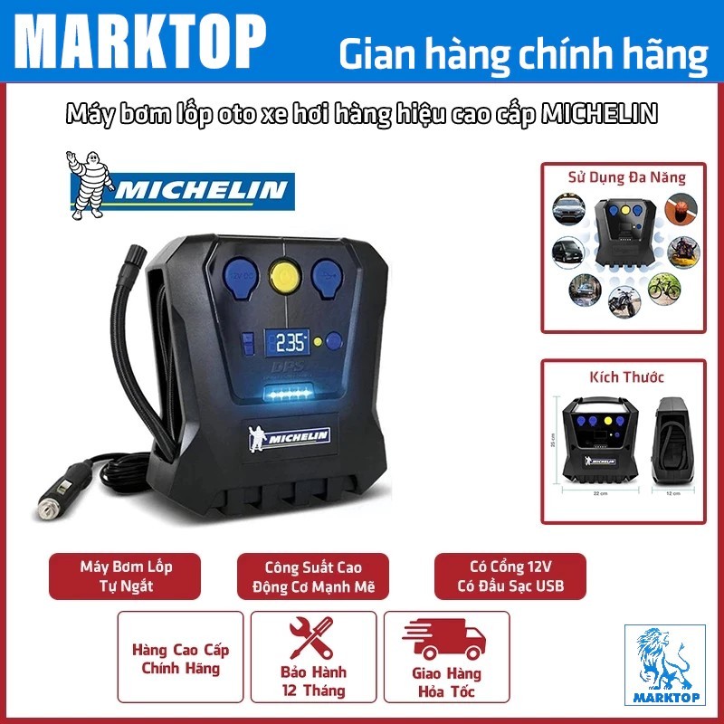 Máy bơm lốp oto xe hơi HÀNG HIỆU MICHELIN (Màn LED, CÓ Tự Ngắt, Bơm Nhanh) - 12266 - 4398ML bền xịn