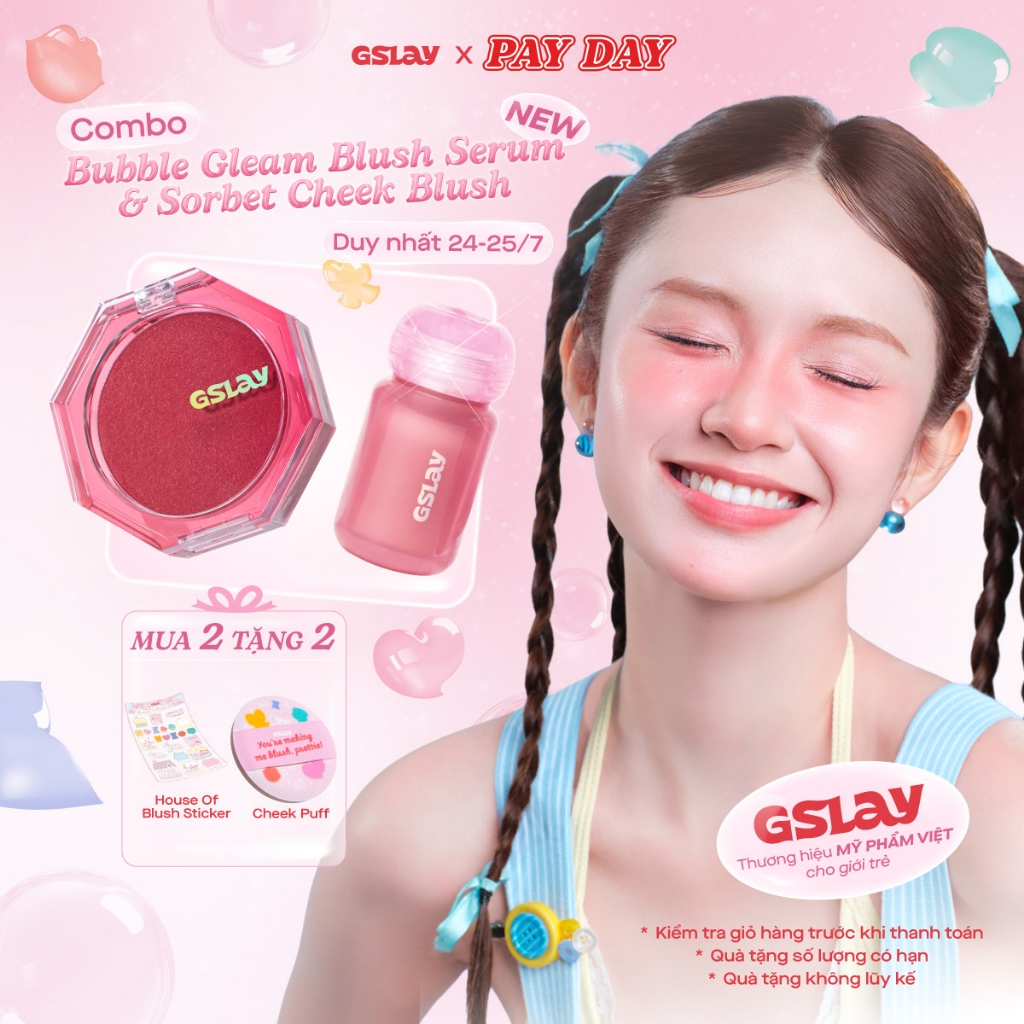 Combo Má kem GSLAY Bubble Gleam Blush Serum căng bóng (4,5ml) & GSLAY Sorbet Cheek Blush mịn lì, nhũ