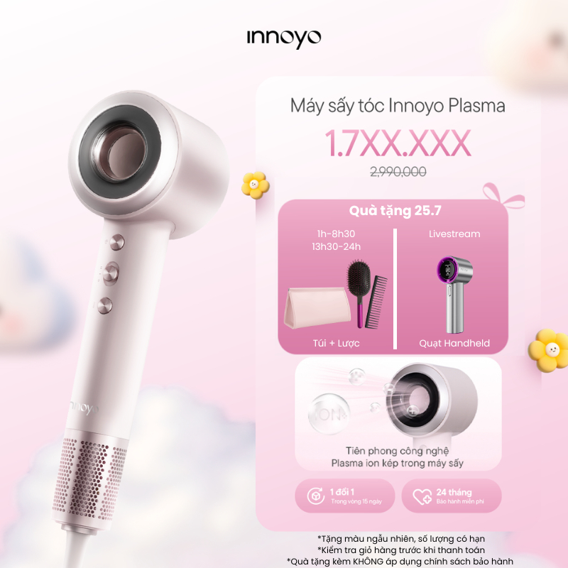 Máy sấy tóc Innoyo Plasma - 500 triệu Plasma ion kép, sấy nhanh trong 3 phút - Bảo hành 24 tháng - T