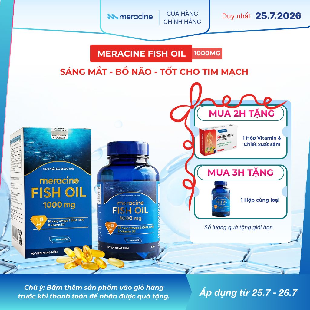 Viên uống dầu cá Omega 3 - Meracine Fish Oil hỗ trợ sáng mắt, bổ não, tốt cho tim mạch (hộp 90 viên)