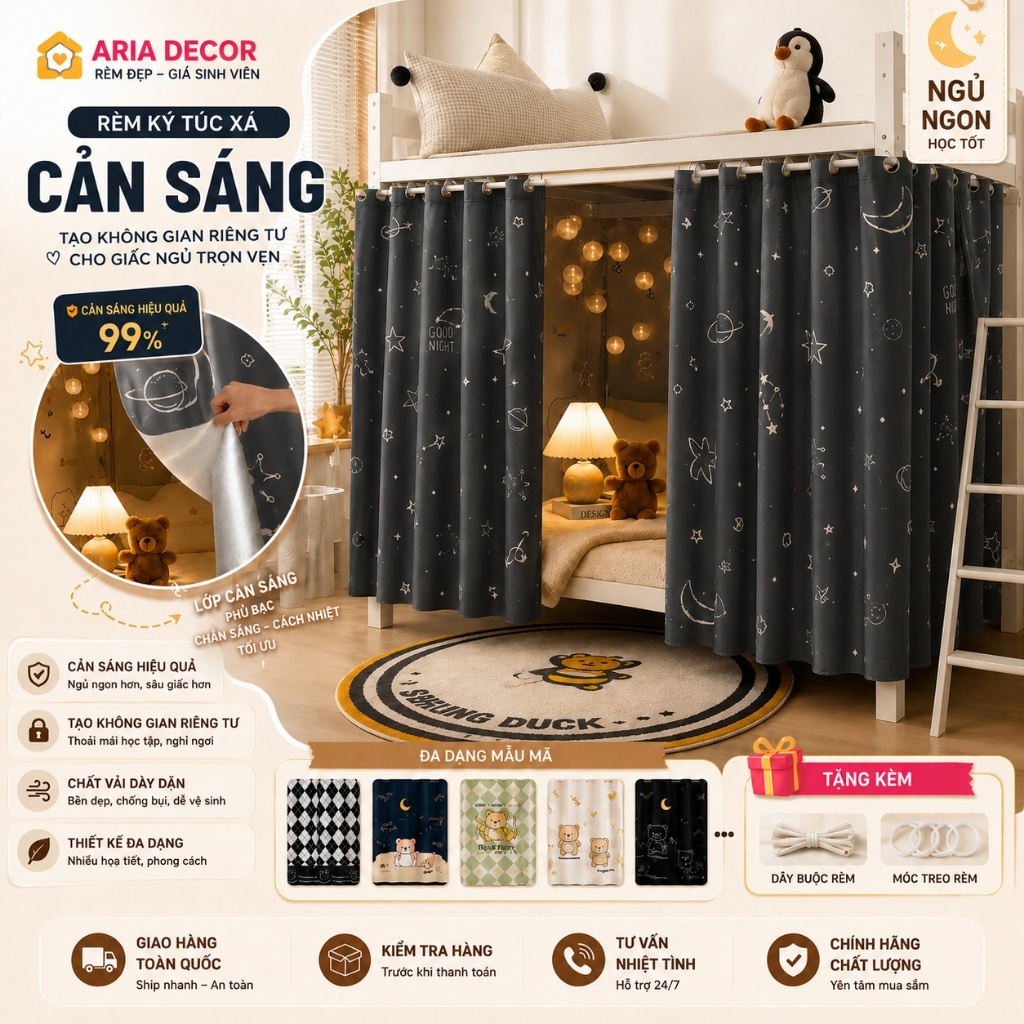 Cản sáng 99% Rèm ký túc xá, rèm giường tầng, màn ktx, màn giường ngủ tạo không gian riêng tư dày dặn