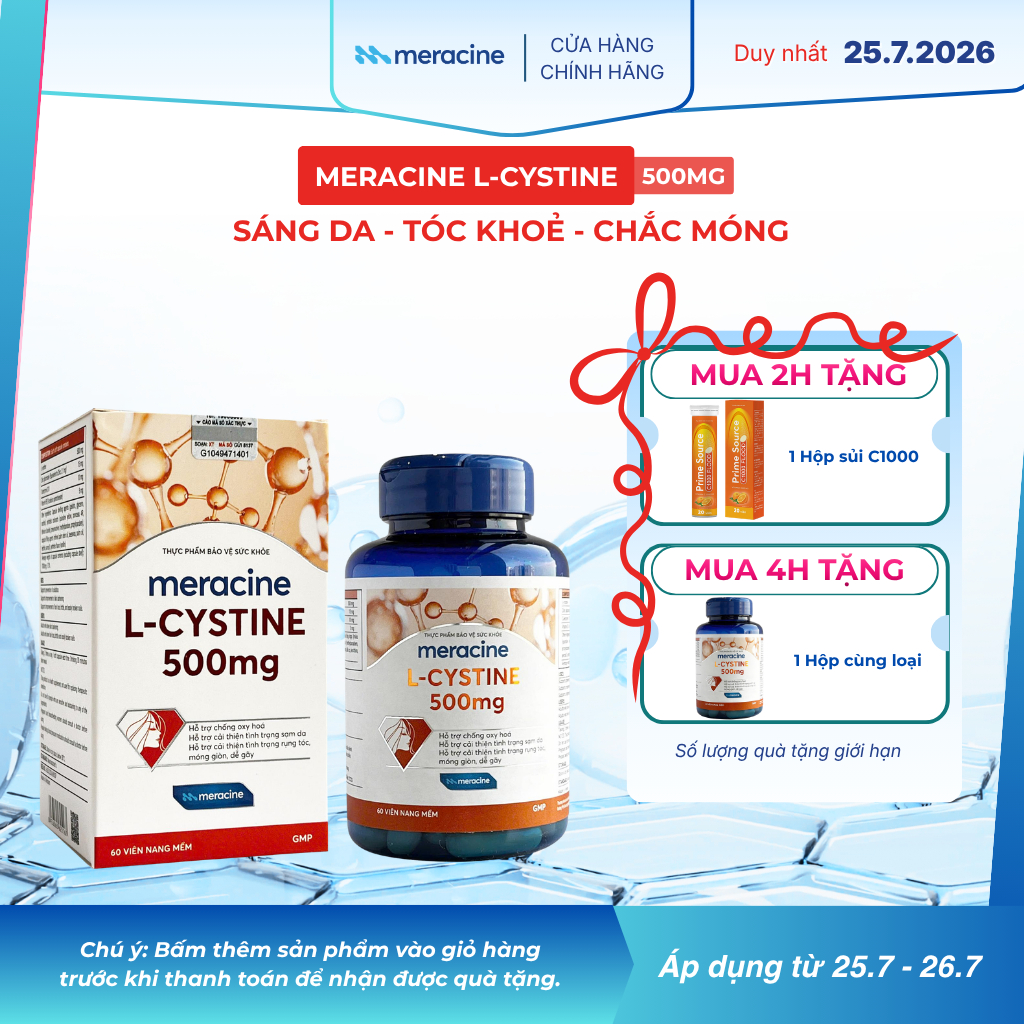Viên Uống Meracine L-Cystine 500mg Giúp Sáng Da, hỗ trợ giảm nám, giảm mụn, rụng tóc, giảm gãy móng 