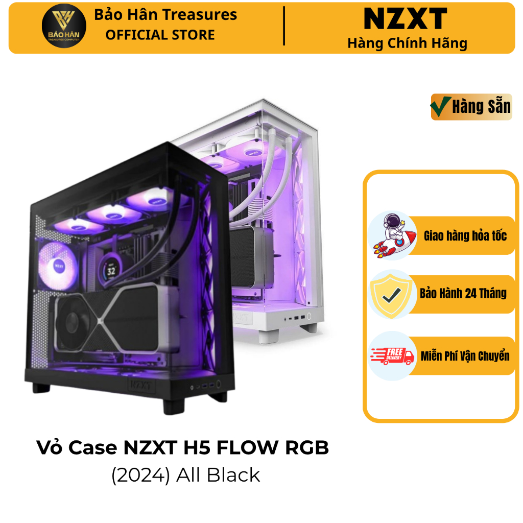Vỏ Case NZXT H6 FLOW RGB ALL BLACK / WHITE  MID Tower, 3 Fan RGB - Hàng Chính Hãng