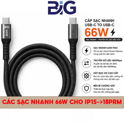 Cáp Sạc Nhanh PD 66W Bện Dù, Đầu Bọc Kim Loại Chính Hãng BIG Dùng Cho Máy SamSung,Oppo,IP,XiaoMi,...