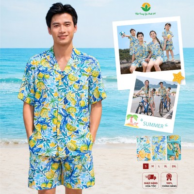 Bộ pijama lanh nam Việt Thắng quần đùi áo cộc tay , bộ đồ đi biển gia đình  - B03.6012