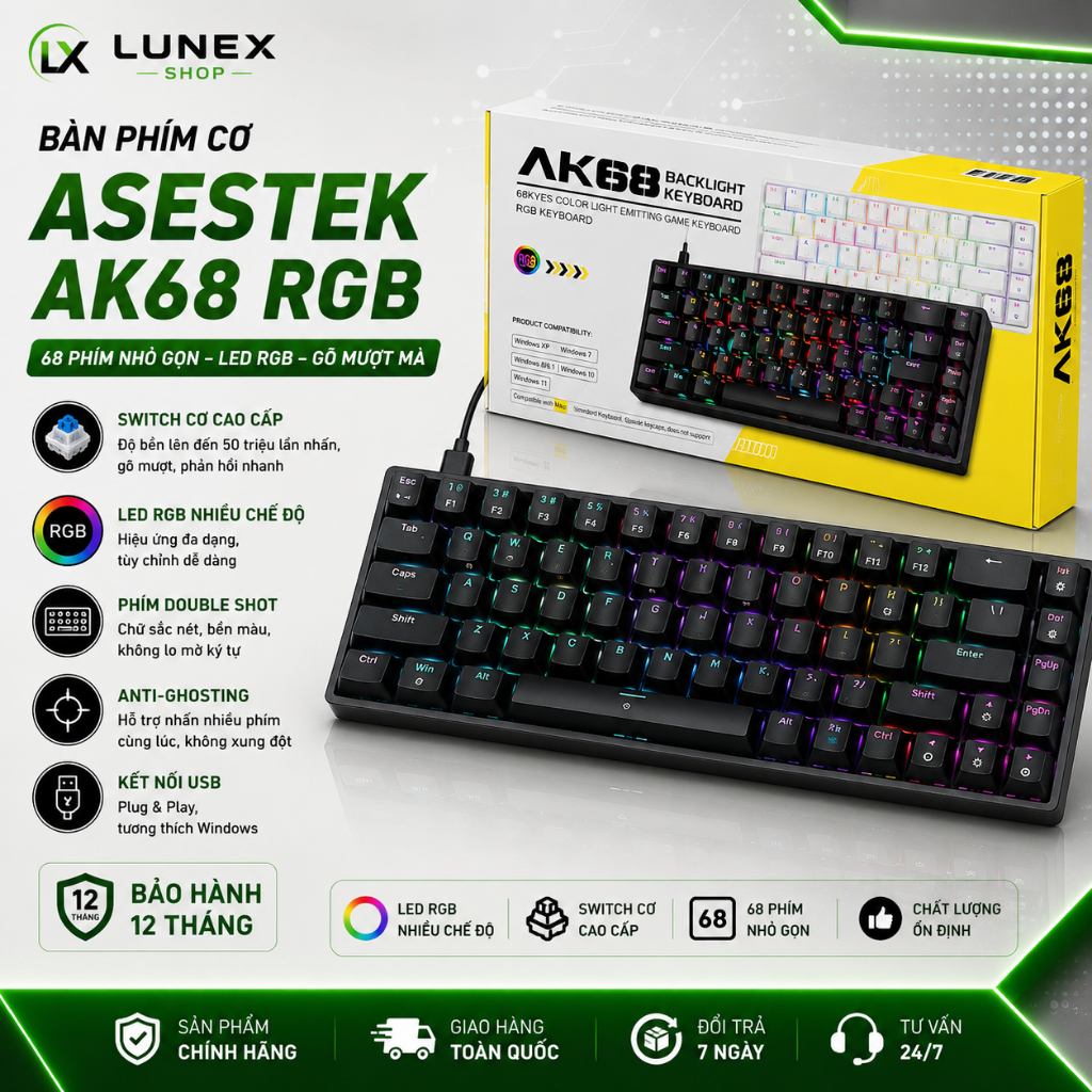 Bàn Phím Cơ AK68 Phiên Bản Đặc Biệt RGB Layout 68 Phím Gaming Switch Cơ Gõ Êm Chơi Game PC Laptop Bả