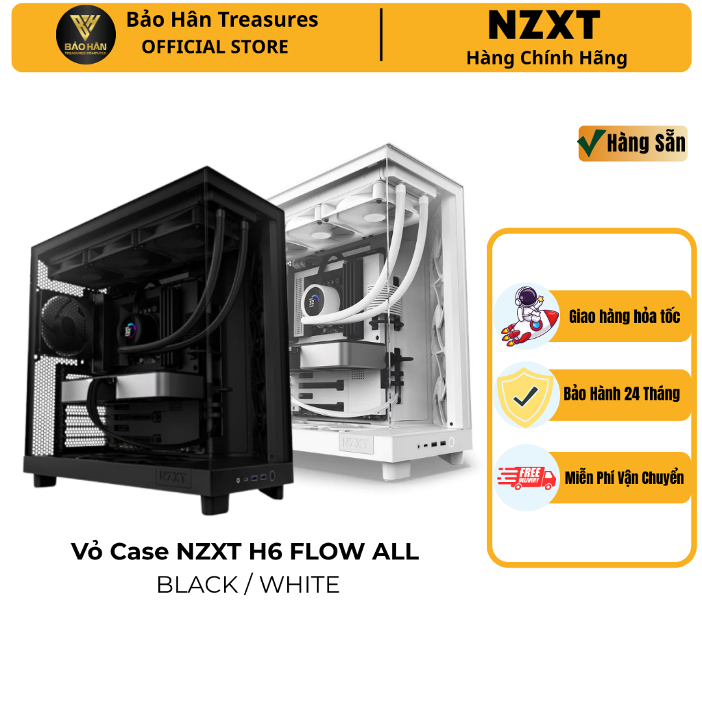 Vỏ Case NZXT H6 FLOW ALL BLACK / WHITE  MID Tower / Sẵn 3 Fan - Hàng Chính Hãng