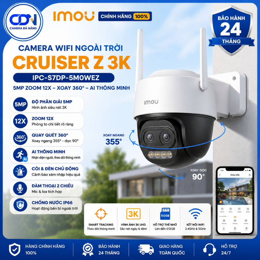 Camera Wifi ngoài trời quay quét zoom IPC-S7DP-5M0WEZ IMOU Cruiser Z 3K 5MP Zoom 12x siêu nét, xoay 