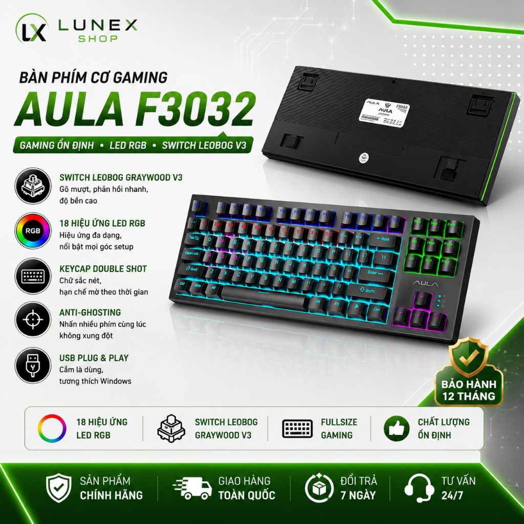 Bàn phím Gaming Aula F3032 LED RGB | Hot-swap | Fullsize 104 phím | Switch quang cơ | Keycap ABS