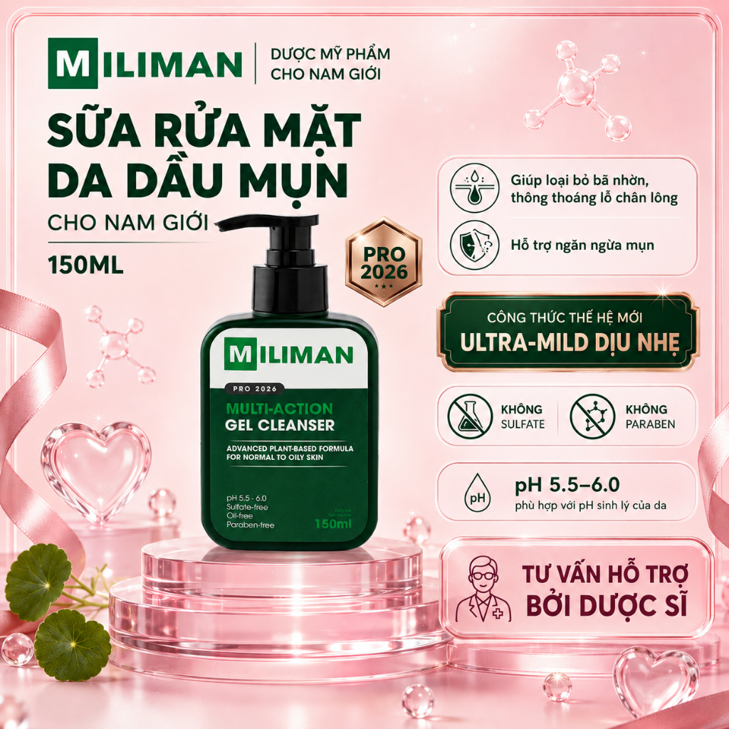 Sữa Rửa Mặt Nam Da Dầu MILIMAN PRO 2026 150ML | Làm Sạch Sâu, Kiểm Soát Nhờn, Hỗ Trợ Ngừa Mụn, Mát D